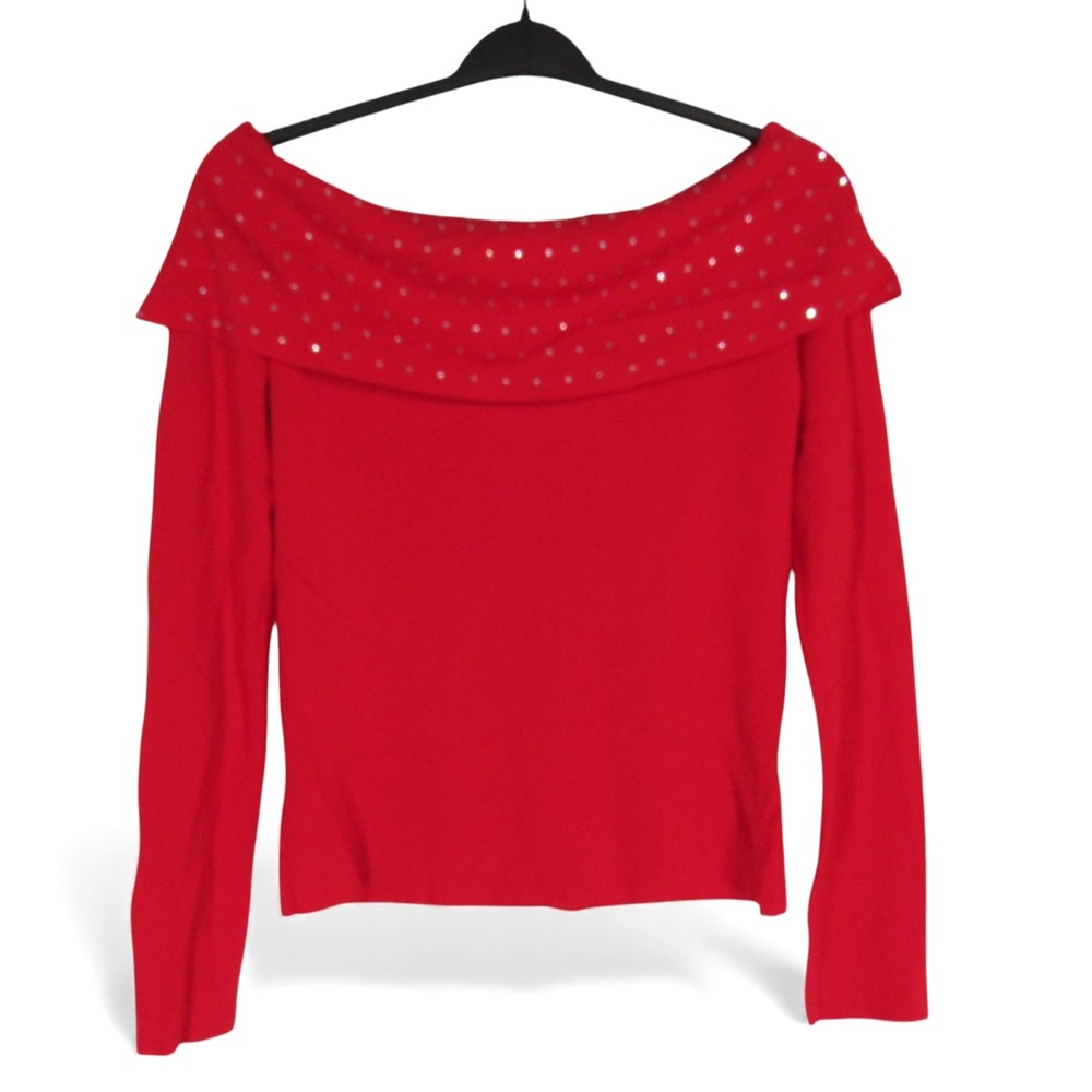 ETOILE Small RIBBED KNIT Red RHINESTONES Off-The-Shoulder PARTY Sweater Sz L
